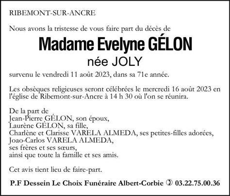 Madame Evelyne GÉLON née JOLY Pompes Funèbres Dessein