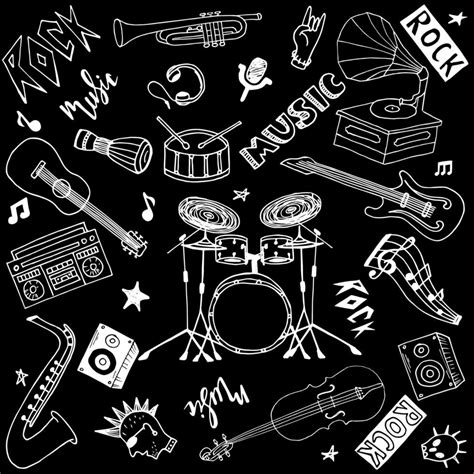 conjunto de tema de música pop y rock dibujado a mano aislado sobre fondo negro, conjunto de ...