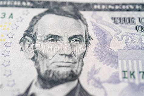 Portrait of American President Abraham Lincoln on a five dollar bill ...