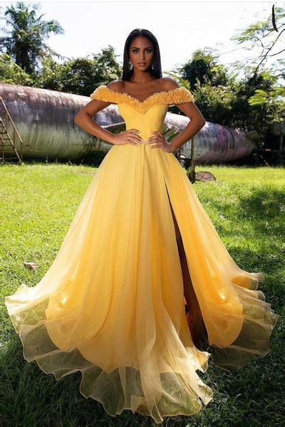 Ruffles Off The Shoulder Yellow Prom Dress With Split Side Loveangeldress