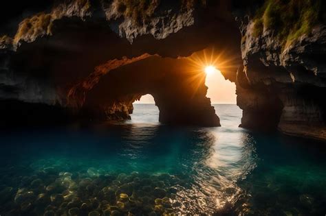 Premium AI Image | A cave with a sunset on the background