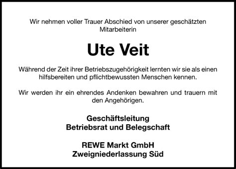 Traueranzeigen Von Ute Veit Trauer Nn De