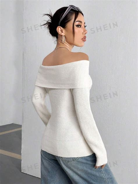 Womens Off Shoulder Ribbed Knit Sweater Shein Uk