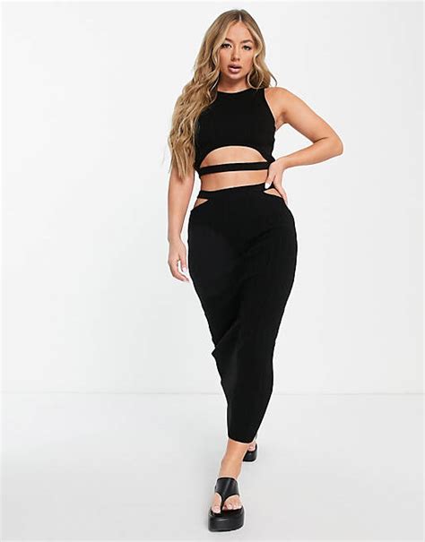 Asos Design Knit Midi Skirt With Cut Out Strap Detail In Black Part Of A Set Asos