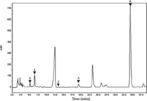 HPLC Chromatogram Of Five Alkaloids From Lotus Leaves Peaks Of