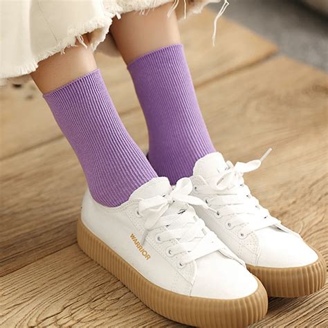 Women's Cotton Socks Japanese High School Girls Tube Socks Solid Color ...