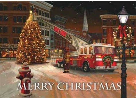 A Christmas Card With A Firetruck In Front Of A Tree And Lights On The