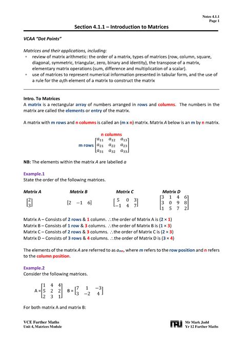 Matrices Notes Page 1 Vce Further Maths Mr Mark Judd Section 4 1 Introduction To Matrices