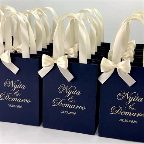 Navy Blue And Champagne Wedding Welcome Bags With Satin Ribbon Handles