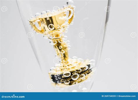 Closeup Of Small Trophy In Champagne Flute Gold Colored Award Is Surrounded By Bubbles They