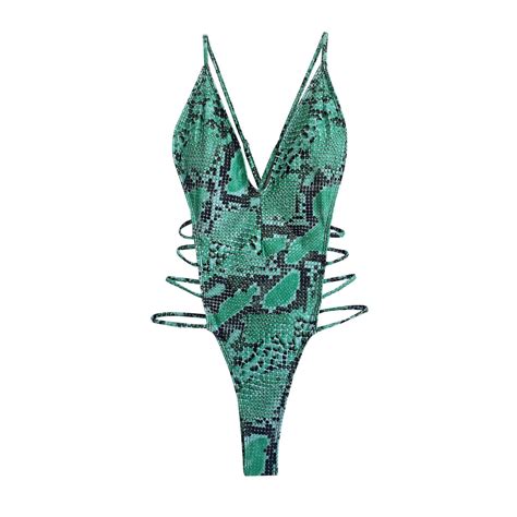 VSSSJ One Piece Bikini Set For Women Deep V Neck Serpentine Print