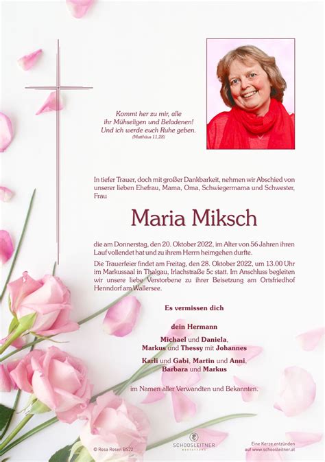 Frau Maria Miksch Schoosleitner Bestattung I Rat Und Hilfe Im