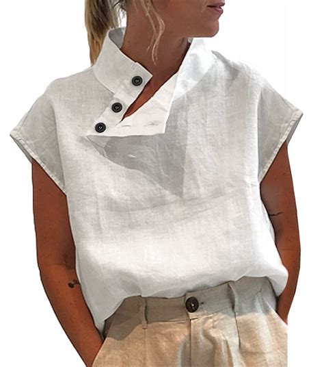 Veatzaer Womens Solid Short Sleeve Button Stand Collar Cotton T Shirt