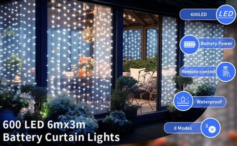 Rjedl Curtain Lights Battery Operated 6x3m 600led Garden Fairy Curtain