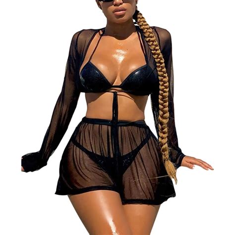 Fashion Sexy See Through Piece Bikini Cover Ups Women Long Sleeve V Neck Lace Up