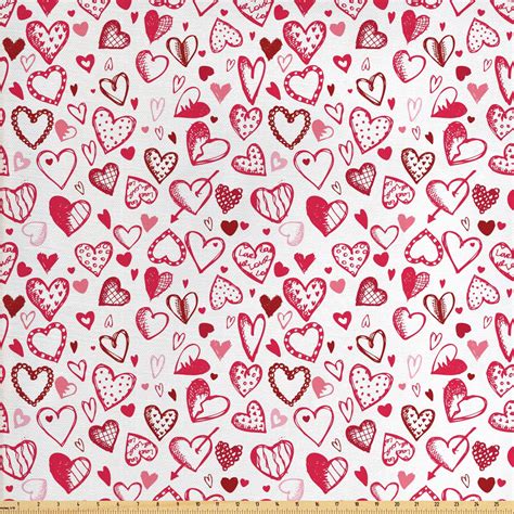 Valentines Fabric By The Yard Sketch Drawing Style Hearts In Red And