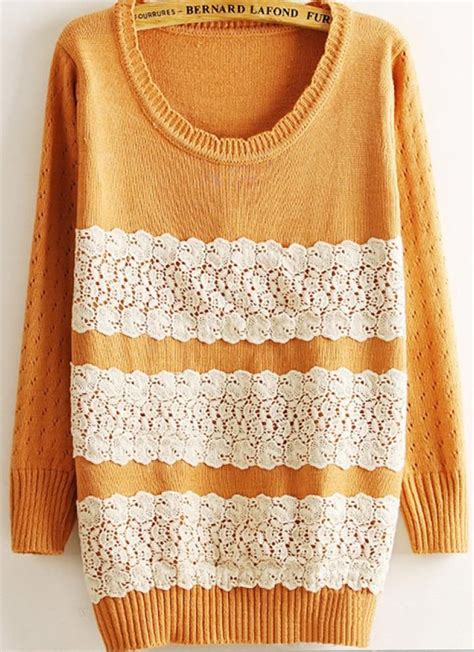 Orange Sweater Lace Embellished Front Long Sweater Ustrendy Ropa