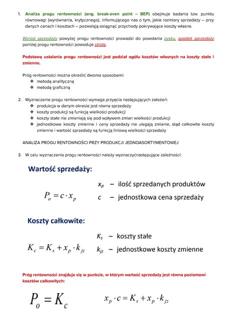 Analiza progu rentowności Analiza progu rentowności ang break even