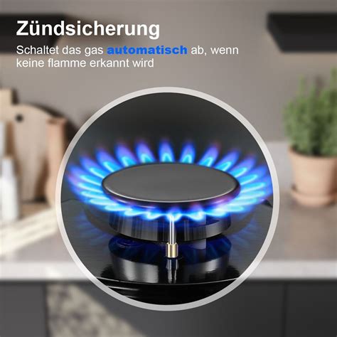 Flammen Gaskochfeld Gasherd Einbauherd Erdgas Propangas Schwarz Glas