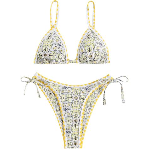 6 Mo Finance ZAFUL Women S Swimsuits Boho Floral Print Triangle String Thong Bikini Set Sexy