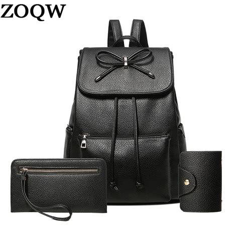 3pcs Set Women Backpacks 2018 School Bags For Teenage Girls Black Pu