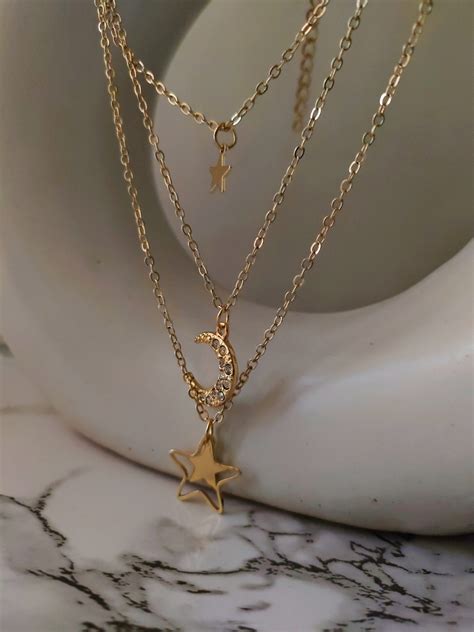 Layered Star And Moon Necklace Blingly