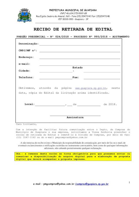 PDF RECIBO DE RETIRADA DE EDITAL Guapiara Sp Gov Br Recibo De