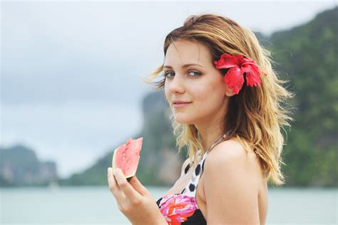 Wallpaper Oliana Niki Mey Thea C Brownette Sexy Bikini Swimsuit Watermelon View Look