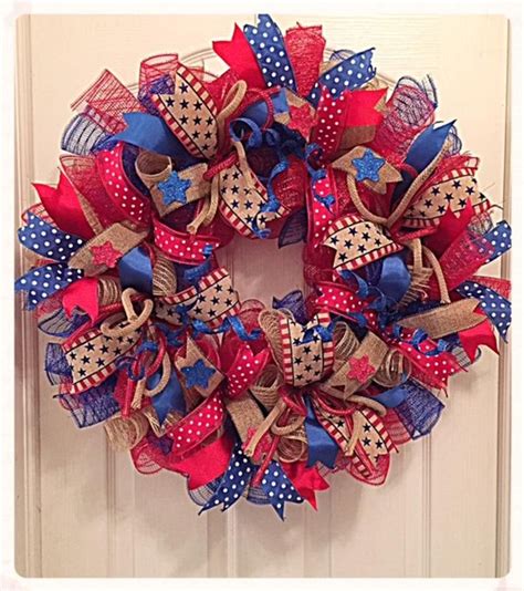 Patriotic Red Blue And Burlap Deco Mesh Wreath Th Of July Etsy In