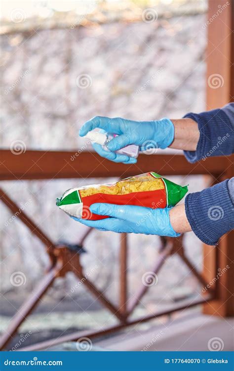 Hands In Rubber Gloves Treat Antiseptic Food Stock Photo Image Of