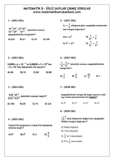 Üslü Sayılar Sınavlarda Çıkmış Sorular Matematik 5 6 7 8