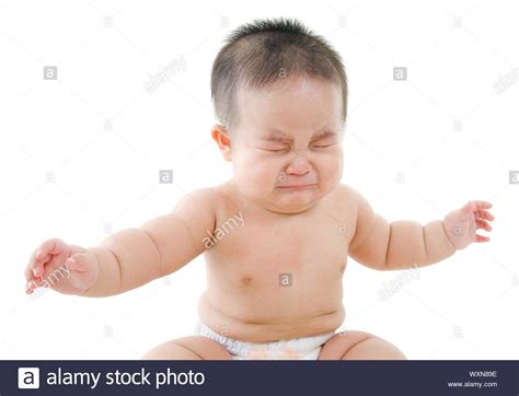 Upset Asian Baby Boy Crying Sitting Isolated On White Background Stock