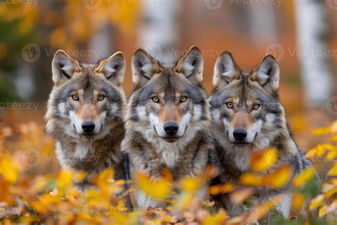 Three Wolves In Autumn Forest Wildlife Photography For Nature