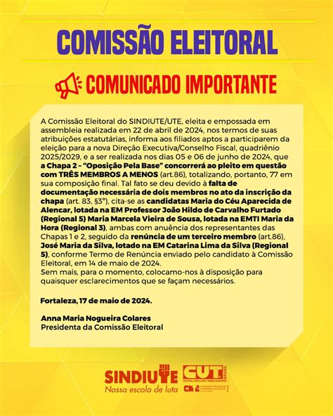 Eleição Sindiute 2024 Comunicado Da Comissão Eleitoral Sindiute