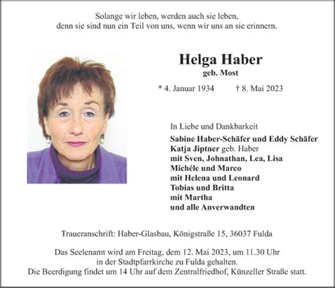 Traueranzeigen Von Helga Haber Trauer36 De