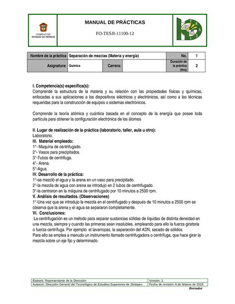 Practica Equipo 1 Centrifugado Manual De PrÁcticas Fo Tesji 11100 Nombre De La Práctica