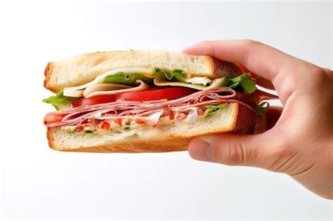 Premium AI Image Hand Holding Tasty Sandwich On A White Background