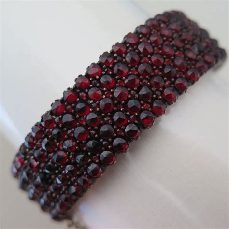 Antique Victorian Row Bohemian Garnet Wide Cluster Bangle Bracelet