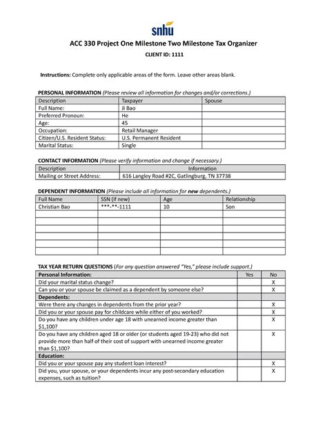 ACC 330 Project One Milestone Two Tax Organizer ACC 330 Project One