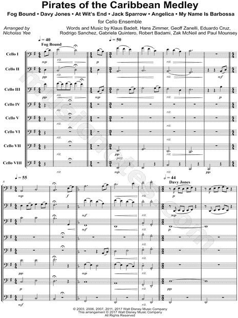 Nicholas Yee Pirates Of The Caribbean Medley Cello Ensemble Sheet