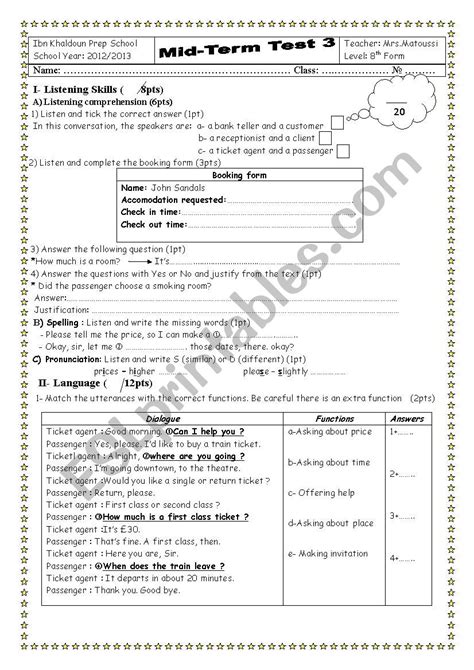 MID TERM TEST 3 8TH FORM ESL Worksheet By Saaidiyasmine