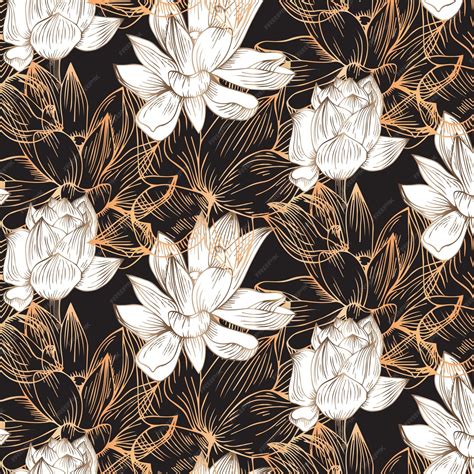 Premium Vector Seamless Vector Floral Lotus Gold Hand Drawn Pattern