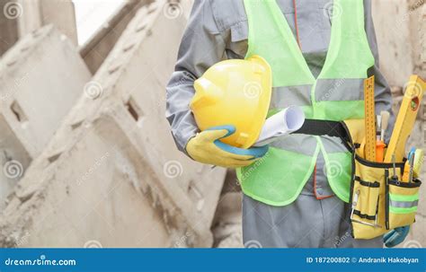 Construction Worker with Helmet in Outdoors Stock Photo - Image of ...