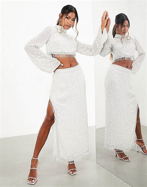 Asos Edition Linear Pearl Embellished Crop Top And Midi Skirt In White White Asos