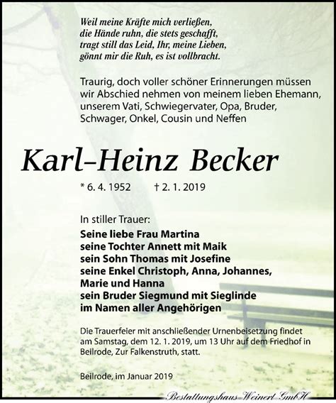 Traueranzeigen Von Karl Heinz Becker Trauer Anzeigende