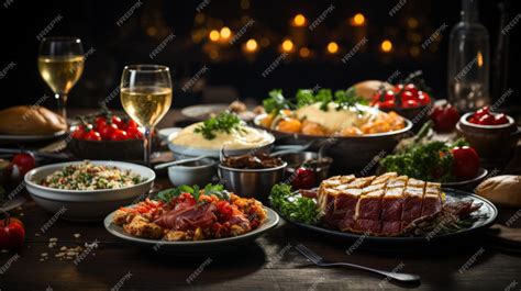 Premium AI Image | Festive Feast Christmas Dinner Table Overflowing with Delicious Dishes