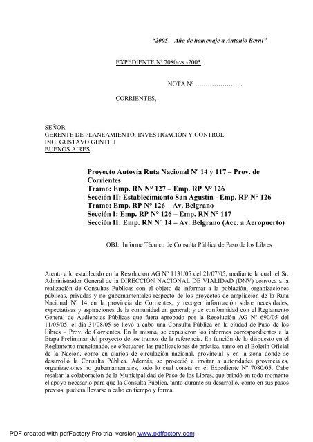 Informe Técnico Paso De Los Libres Dirección Nacional De Vialidad