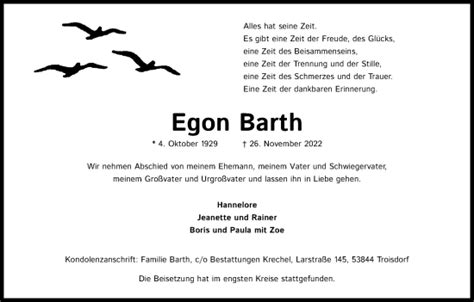 Traueranzeigen Von Egon Barth WirTrauern