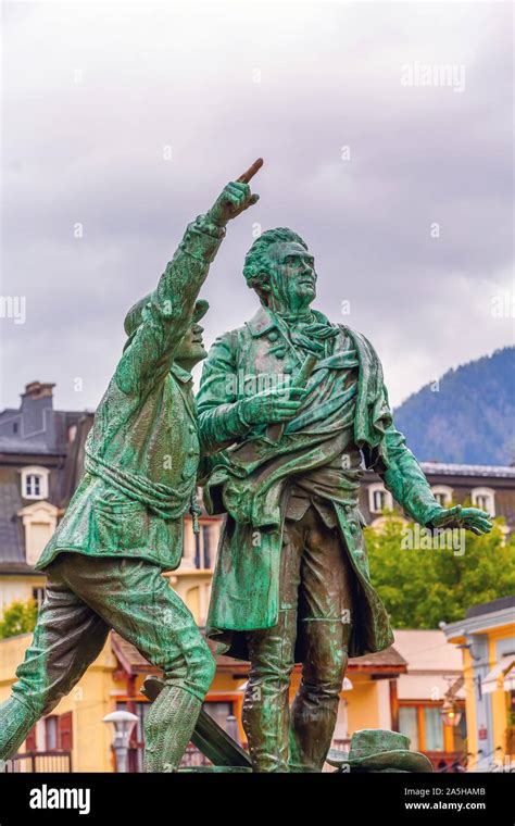 The statue of Balmat and Paccard, Chamonix Mont-Blanc, France Stock ...