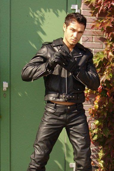 Model Jesse Ares Wearing Black Leather Motorcycle Outfit Leather